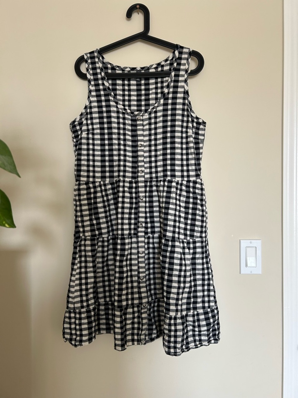 Toad&Co Black and White Gingham Tiered Sleeveless Dress organic cotton